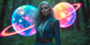 In a double exposure cinematic photograph, a solarpunk vintage-c...