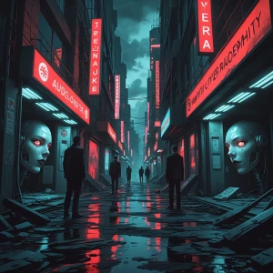 In the heart of a bustling cyberpunk metropolis, a terrifying ch...