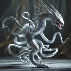 A shimmering, otherworldly creature caught in motion, its silver...