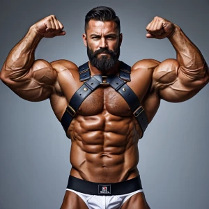 The image depicts a muscular, bearded man posing in a masculine...