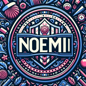 A girly logo with color pop  that says Noemi.
Busy background de...
