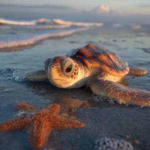 A realistic wildlife-style photograph of a baby sea turtle named...