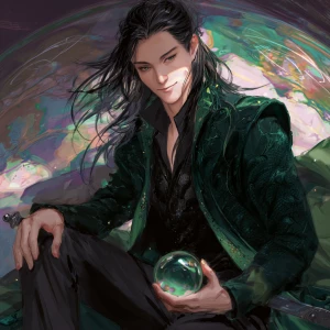 Full-body portrait of a slender, cunning male sorcerer with shar...