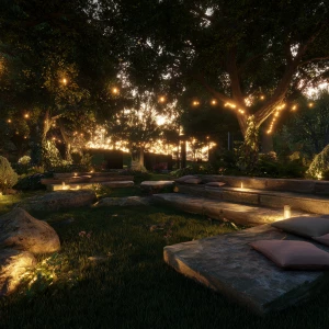 Create an image of a serene twilight garden setting with glowing...