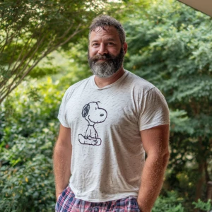 The image shows a 45 year old man muscle with a beard black hair...