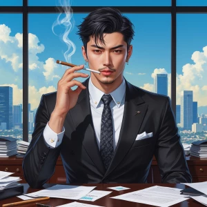 Create a hyper-realistic digital illustration of a handsome Japa...