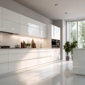 Create an image of an ultra-modern kitchen with all-white cabine...