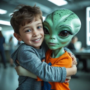 A kid with Down syndrome hugging an alien with eye lashes in are...