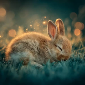 tiny baby rabbit asleep curled in soft grass, warm golden twilig...