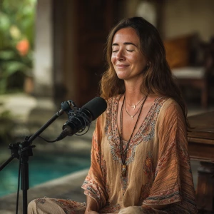 An woman meditation coach is seated before a microphone in a tra...