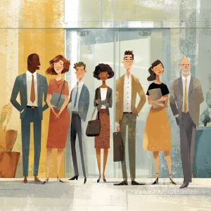 Show a dynamic scene at the entrance of a contemporary office bu...