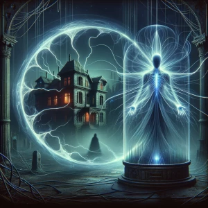 A shimmering apparition of a neon-lit paranormal plasma phantom,...