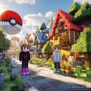 A vibrant, sunny Minecraft-style 3D scene depicting a cheerful a...