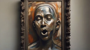 Generate an image of a humanoid figure sculpted from clay, stand...