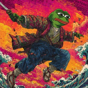 MEME PEPE in GTA art style,  Jump, fight like a samurai, in the...