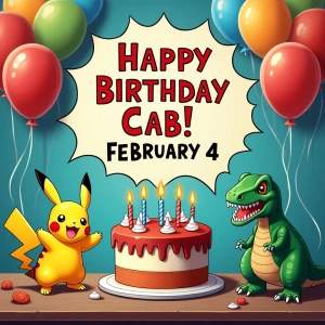 Banner states,
“Happy Birthday Cab!
February 4”
(comic style; de...