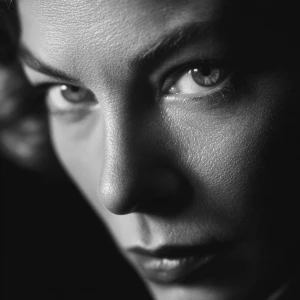 Ultra realistic big close-up portrait of Lauren Bacall, black an...