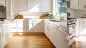 A bright modern kitchen with freshly painted cabinets in soft wh...