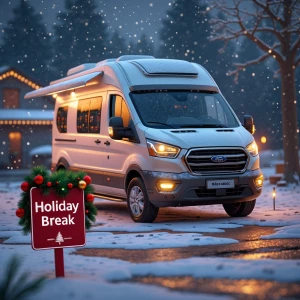 A modern Ford Transit Custom Nugget camper van parked in a snowy...