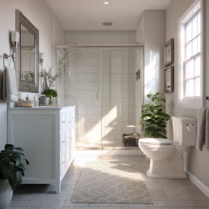 Create a realistic image of a small modern bathroom with an all-...