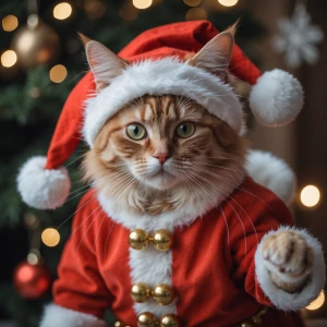 Une jolie chatte rousse essaie un costume de noel
