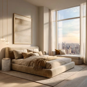 Ultra-realistic photo of a luxury master bedroom in a modern apa...