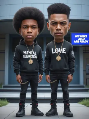 Create a photorealistic cartoon-style caricature featuring two s...