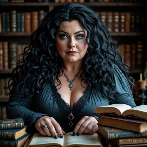 A plus sized, middle aged witch with long, thick dark-almost bla...