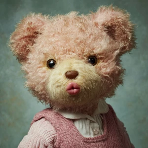 Show me a really hyper cute teddy bear giving a kiss to the scee...