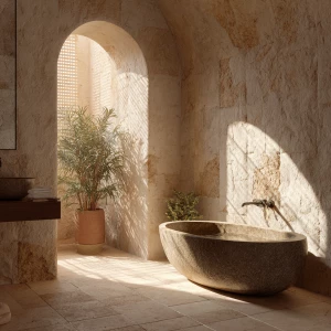 Create a luxurious bathroom with design elements inspired by des...