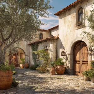 Capture a picturesque Italian villa featuring cream stucco walls...