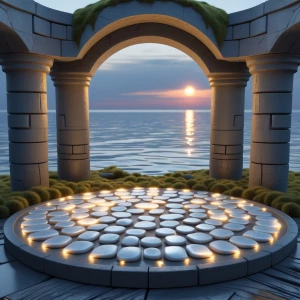 Create an evocative scene titled "Moonstone Meditation Arch" fea...