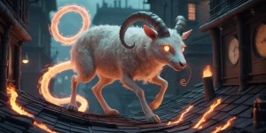 "A surreal steampunk creature prowling the rooftops of a clockwo...