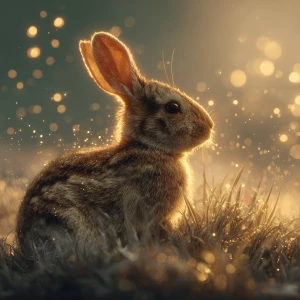 Create a serene scene with a baby rabbit peacefully sitting in t...