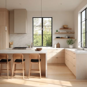 Generate an image of a Scandinavian kitchen interior featuring m...