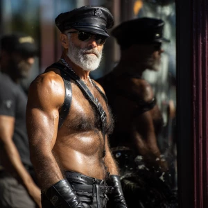 This is an outdoor photograph featuring a muscular, adult male w...