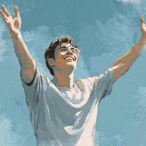 Create an illustration of a joyful young man with his arms raise...
