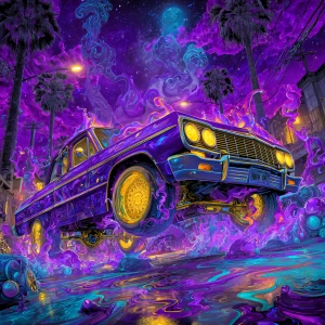 A classic lowrider truck bouncing on hydraulics, its candy paint...