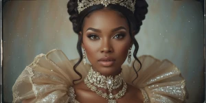 A virtual influencer, resplendent in regal attire and adorned wi...