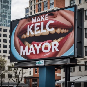 A human eating themed billboard that says make kelc mayor