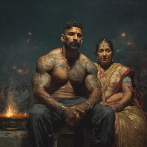 Hyperrealism,photo painting.a muscular beefy sweaty tattoed indi...