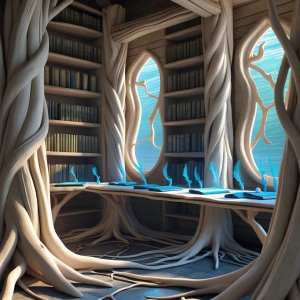 Create an image of a rustic enchanted study known as the Driftwo...