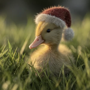 A yellow feathered baby call duck ( short bill) wearing a Santa...