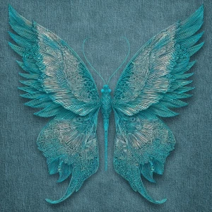Prompt: Fine lace-like wings, slim teal body; slight vintage tin...