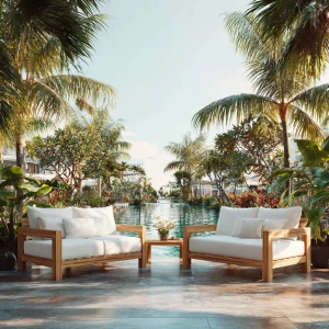 Create a realistic image of a luxurious outdoor resort patio fea...