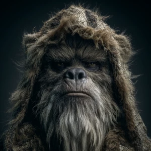 A humanoid looking hair covered sasquatch wearing the skin and h...