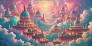 A shimmering, ethereal cloud city, each building glows with irid...