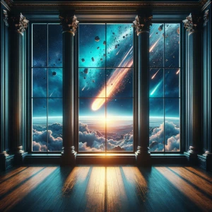 Une vue captivante à travers une grande baie vitrée rectangulair...