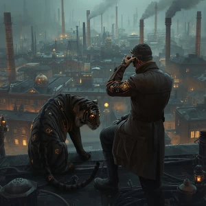 On the rooftops of a sprawling steampunk metropolis, a black tig...