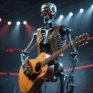 A full-body shot of a T-800 Terminator endoskeleton standing cen...